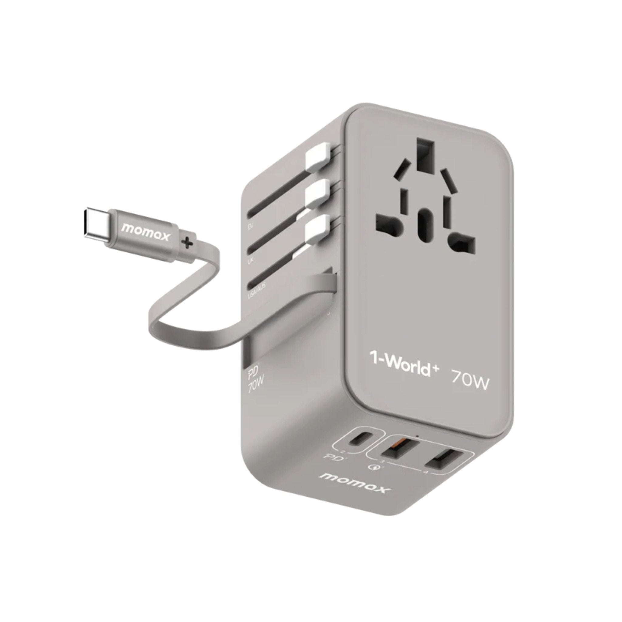 Momax 1-World PD Global Travel Fast Charging Adapter 70W 3 Port With Built-In USB-C Cable 70cm